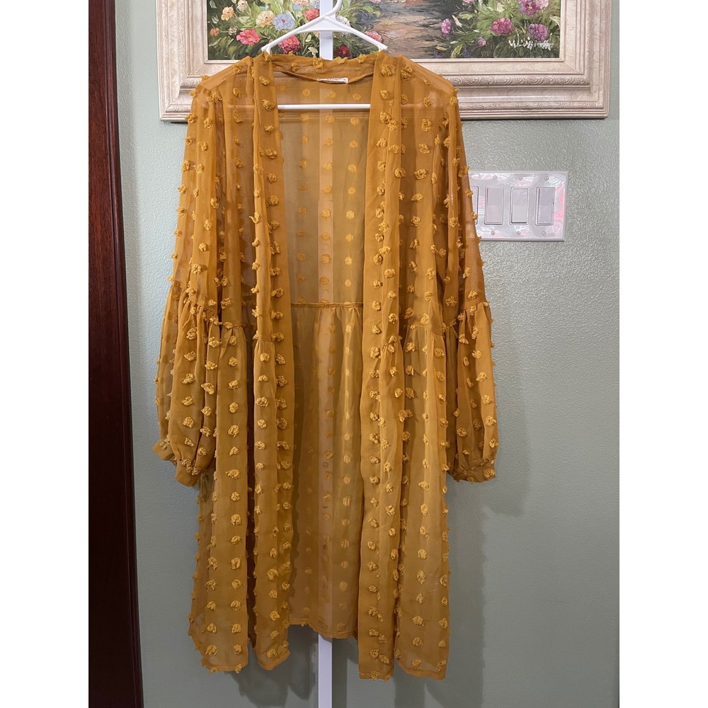 Elesol Yellow Lightweight Chiffon Cardigan Sheer Textured Swiss Dot Pom-Pom XL